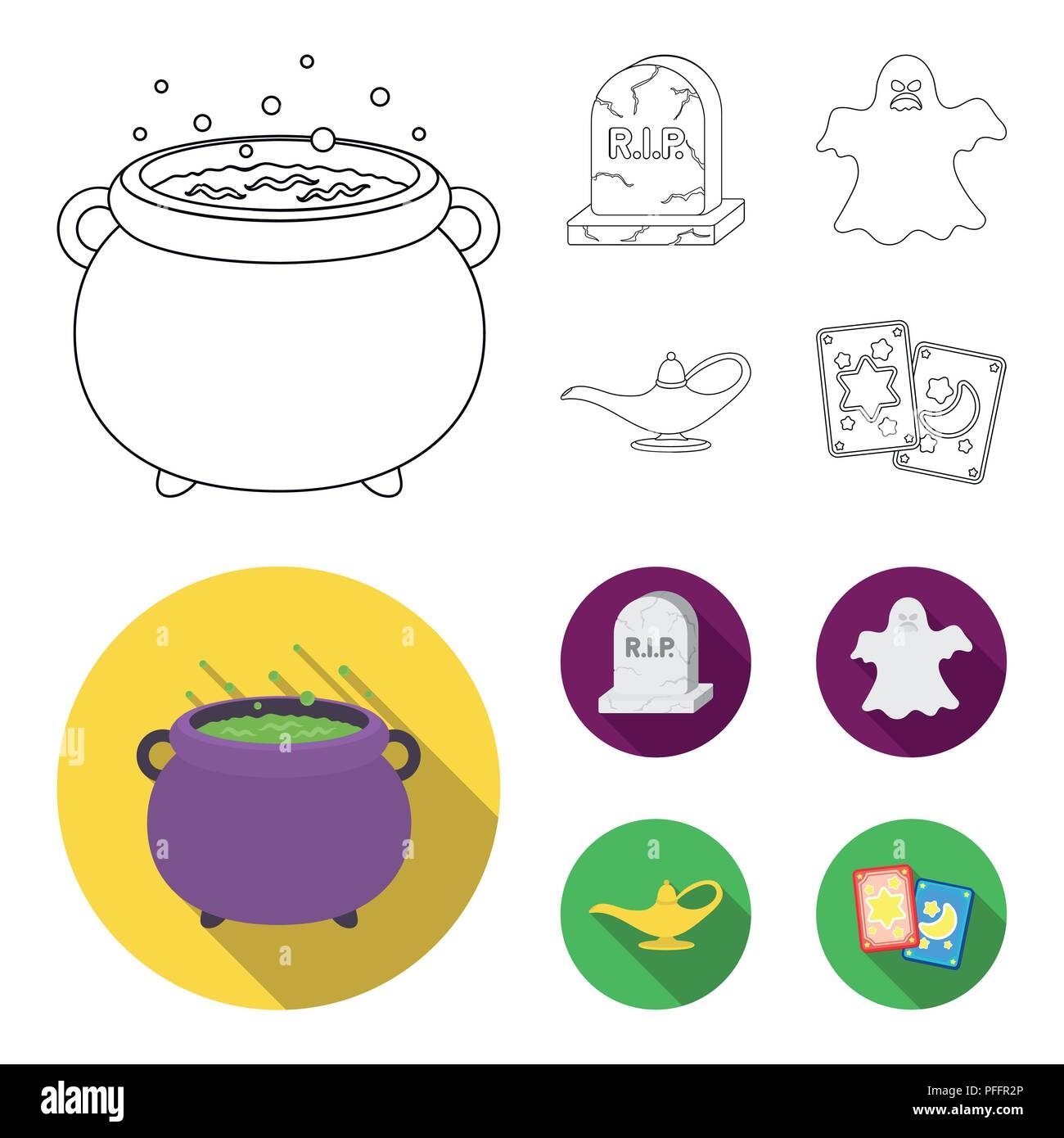 A Witch Cauldron A Tombstone A Ghost A Gin Lamp Black And White Magic Set Collection Icons In Outline flat Style Vector Symbol Stock Illustration Stock Vector Image U0026 Art Alamy