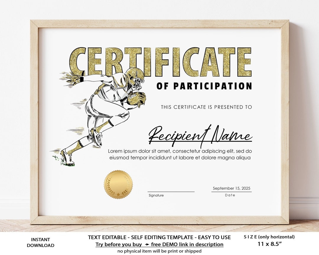 American Football Certificate Template Sports Certificate Award EDITABLE Printable Football Award Certificate Gold Digital Download Jet161 Etsy UK