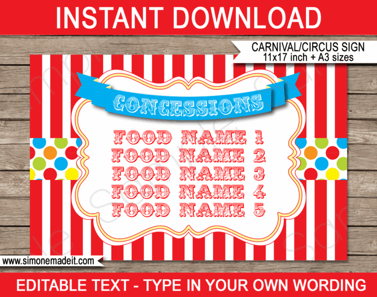Carnival Concessions Sign 11x17 Inch A3 Colorful
