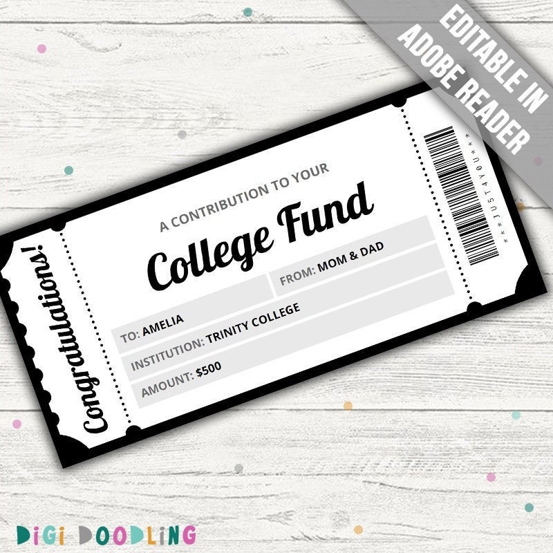 College Fund Gift Certificate Template College Savings Plan Gift College Fund Contribution Gift College Fund Birthday Gift Any Occasion 