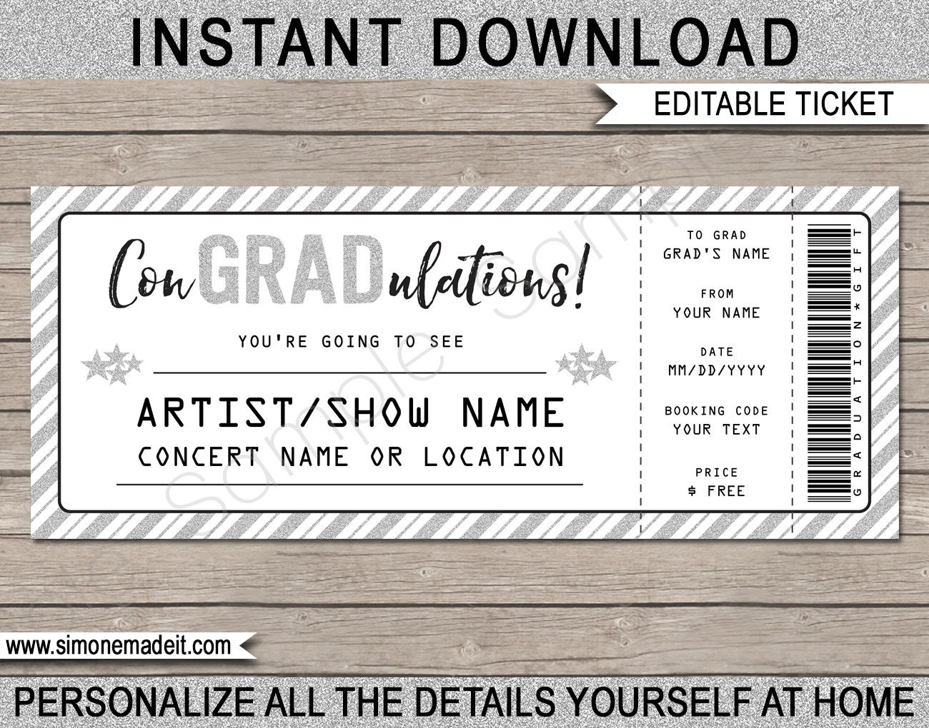Concert Ticket Graduation Gift Printable Voucher To A Show Music Festival Band Performance INSTANT DOWNLOAD With EDITABLE Text Etsy
