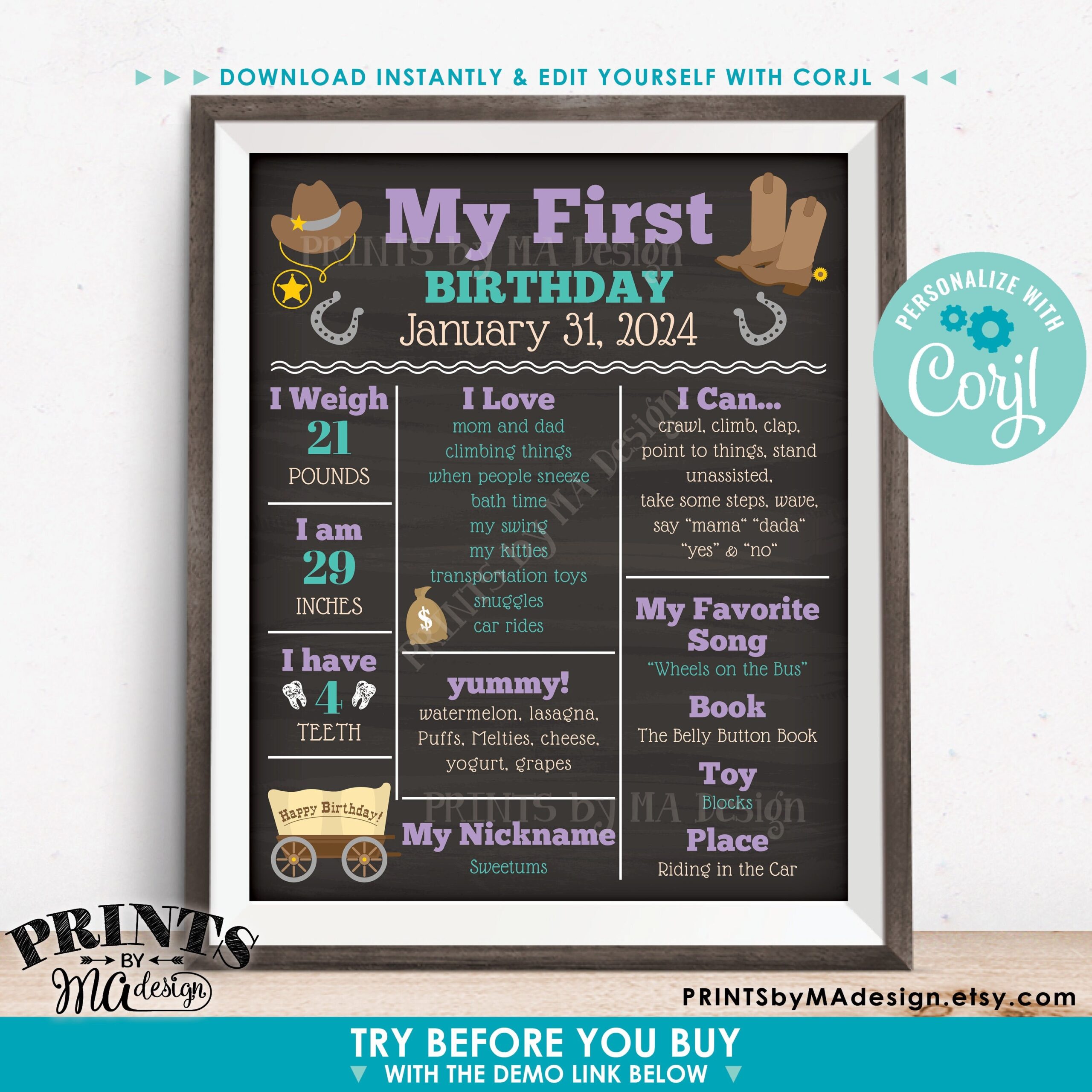 Cowgirl First Birthday Board Personalized Milestones Poster 