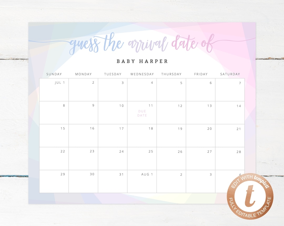 Due Date Calendar Template Baby Shower Calendar Baby Due Date Game Printable Baby Birthday Predictions Guess The Due Date Templett Etsy
