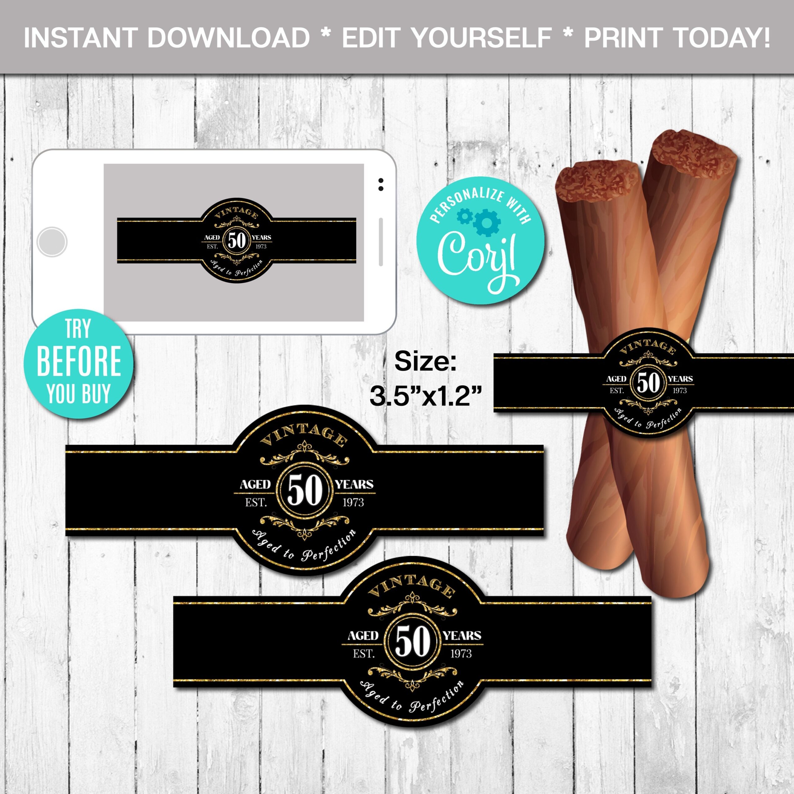 EDITABLE Cigar Labels 50th Birthday Cigar Band Aged To 