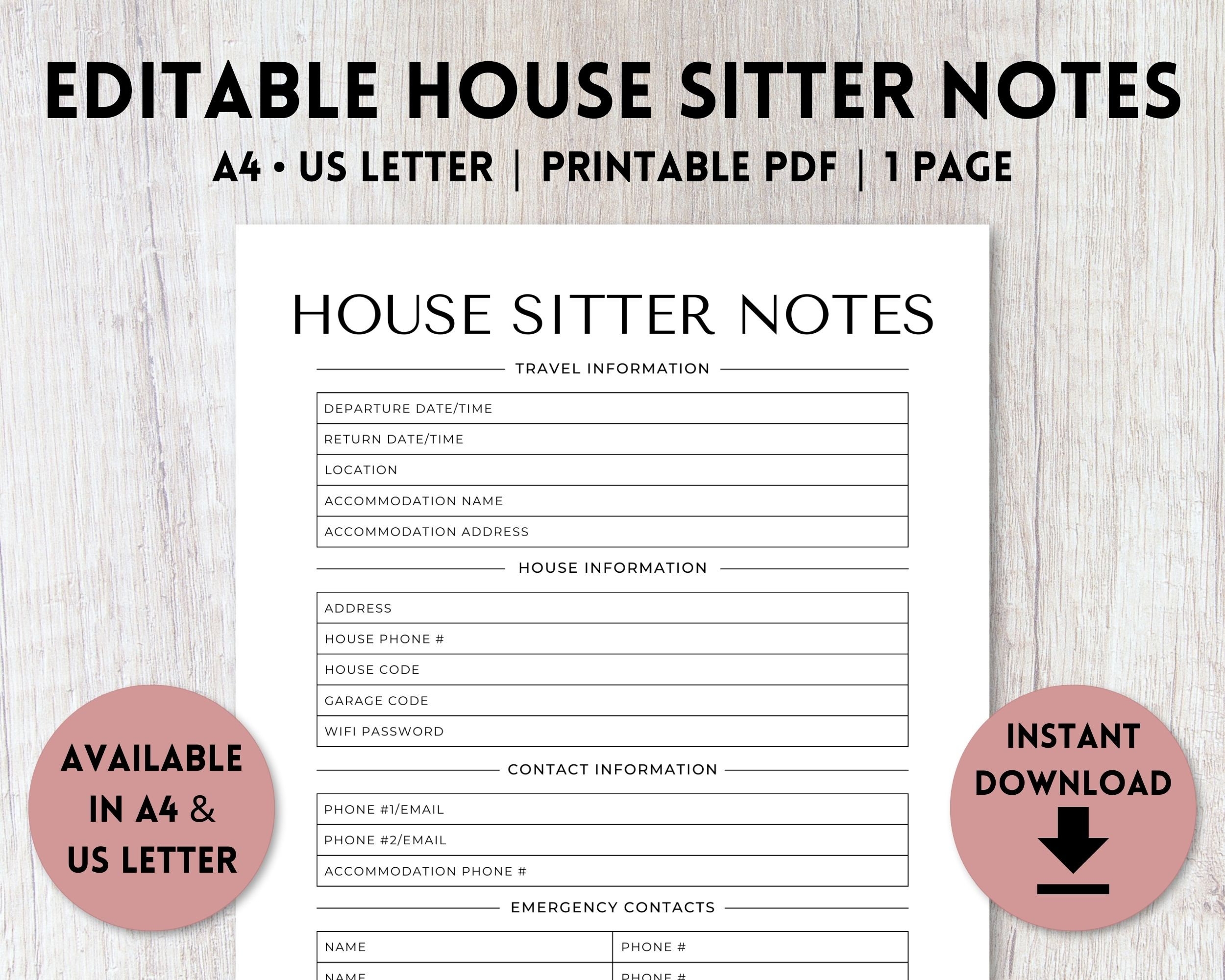 Editable House Sitter Notes Printable House Sitter Information House Sitter Form House Sitter Instructions A4 US Letter Etsy