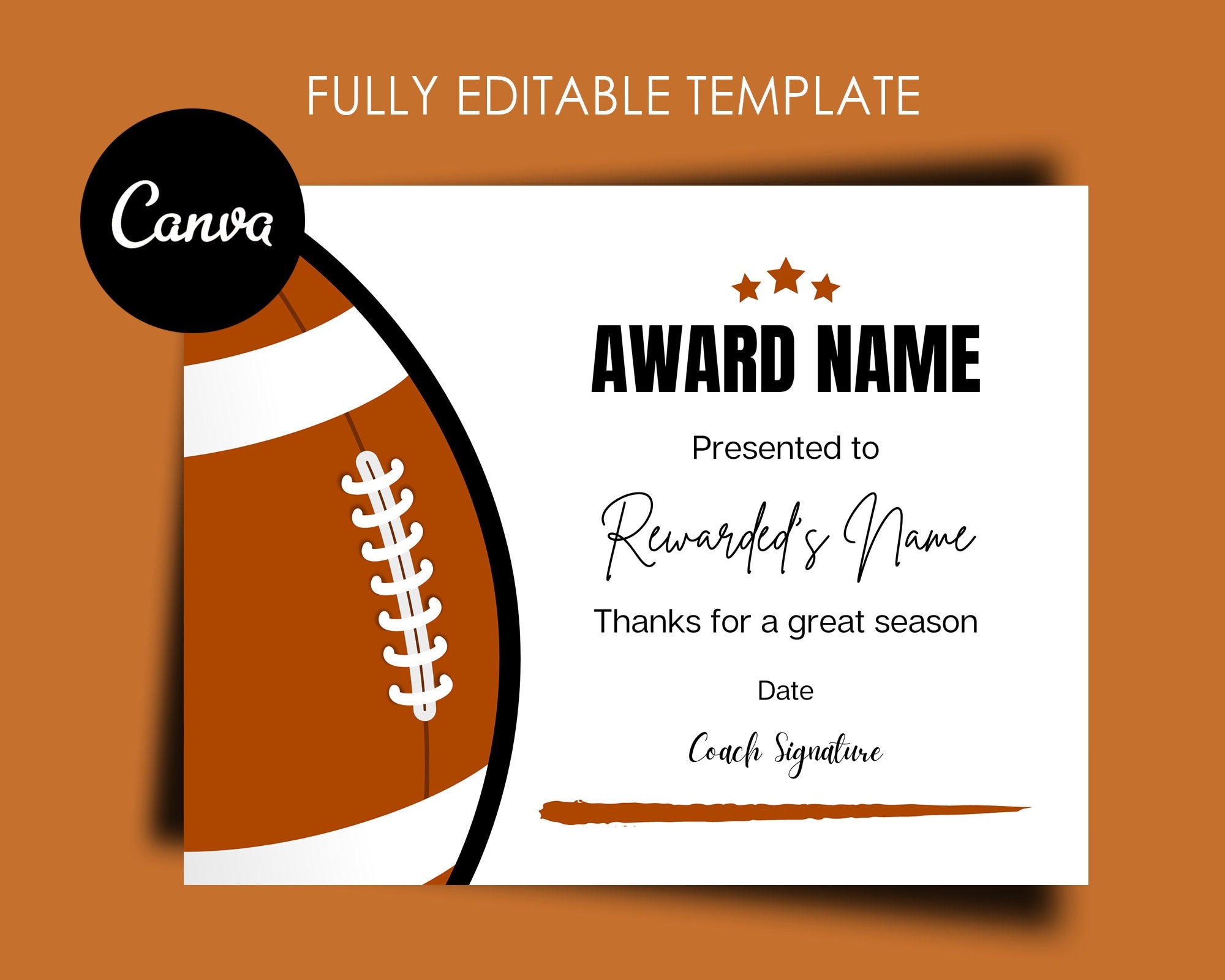 Football Award Certificate Editable Canva Template Printable Award End Of Season Ceremony Football Awards Football Participation Award Etsy
