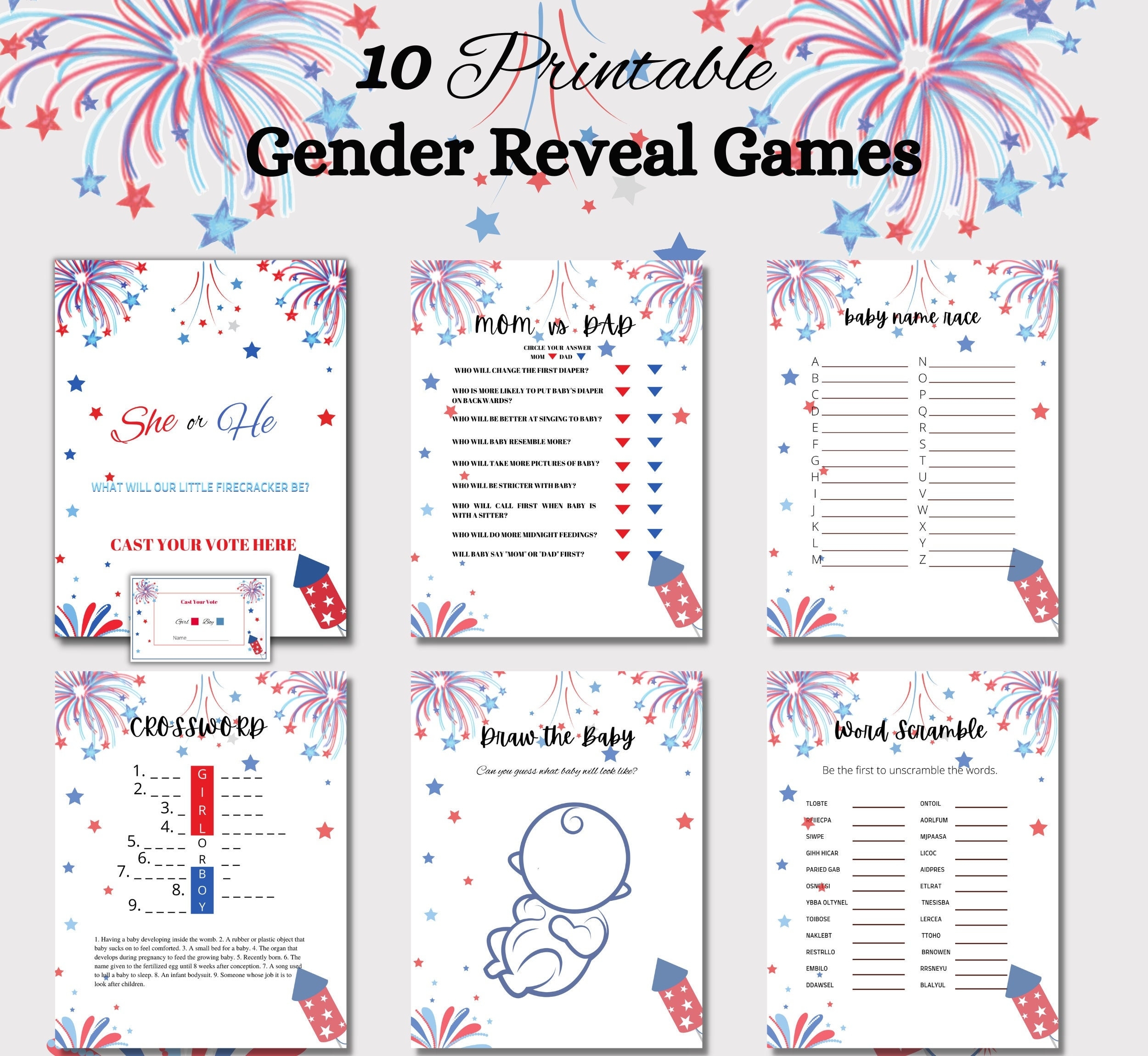 Fourth Of July Themed Printable Gender Reveal Game Bundle Is A Great Way To Entertain The Guest At Your Gender Reveal Party Or Baby Shower Etsy