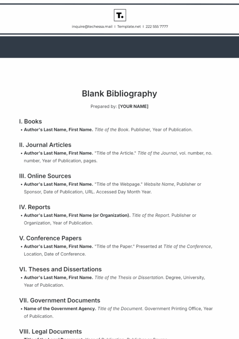 Free Blank Bibliography Template To Edit Online