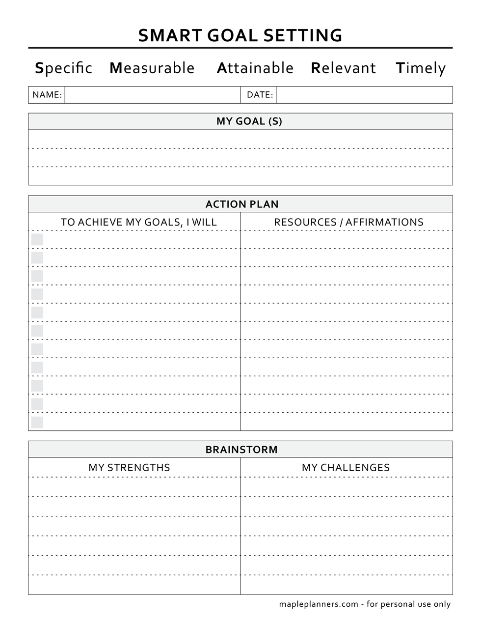 Smart Goals Template Free Printable