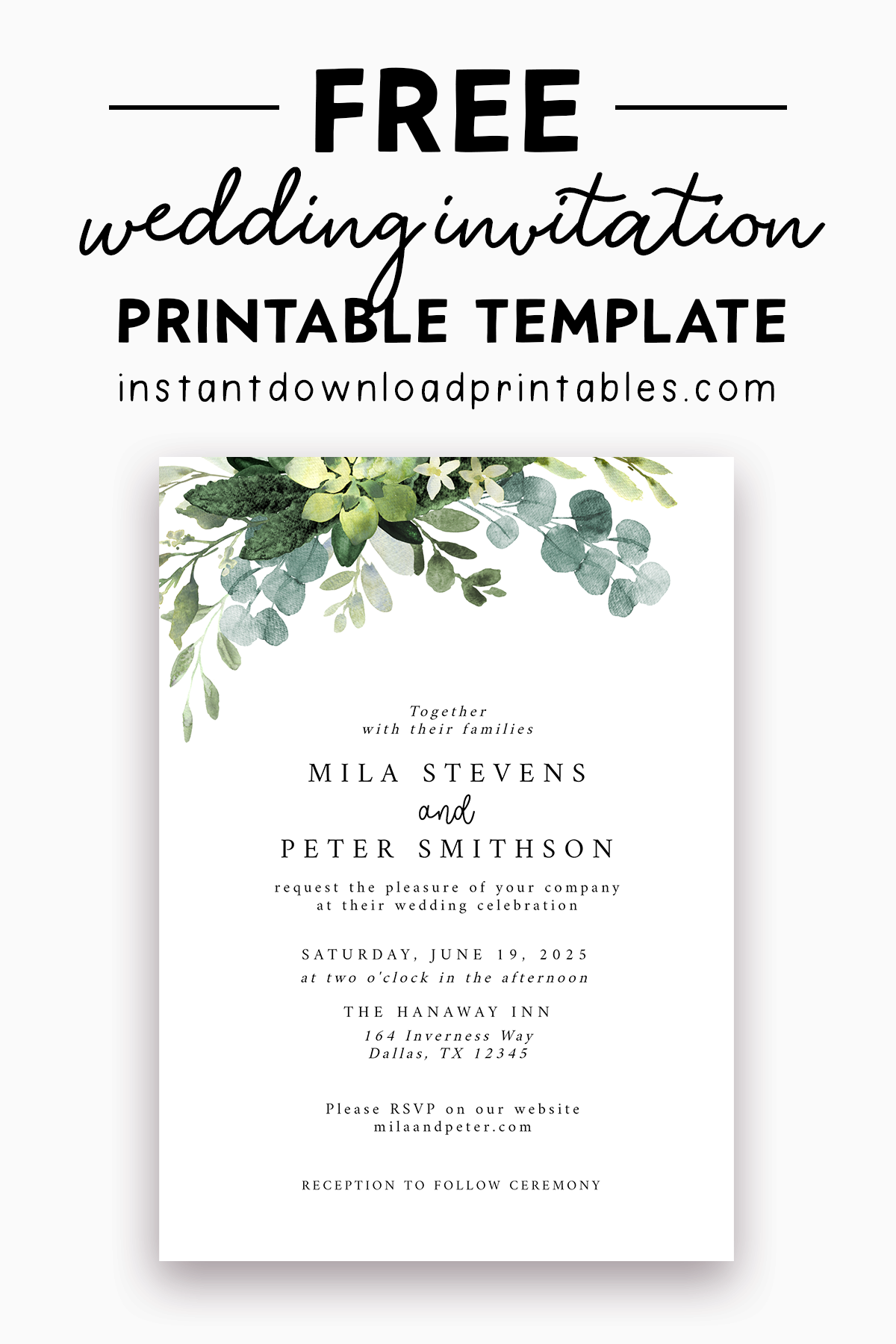 Free Wedding Invitation Template Eucalyptus Green Leaves 