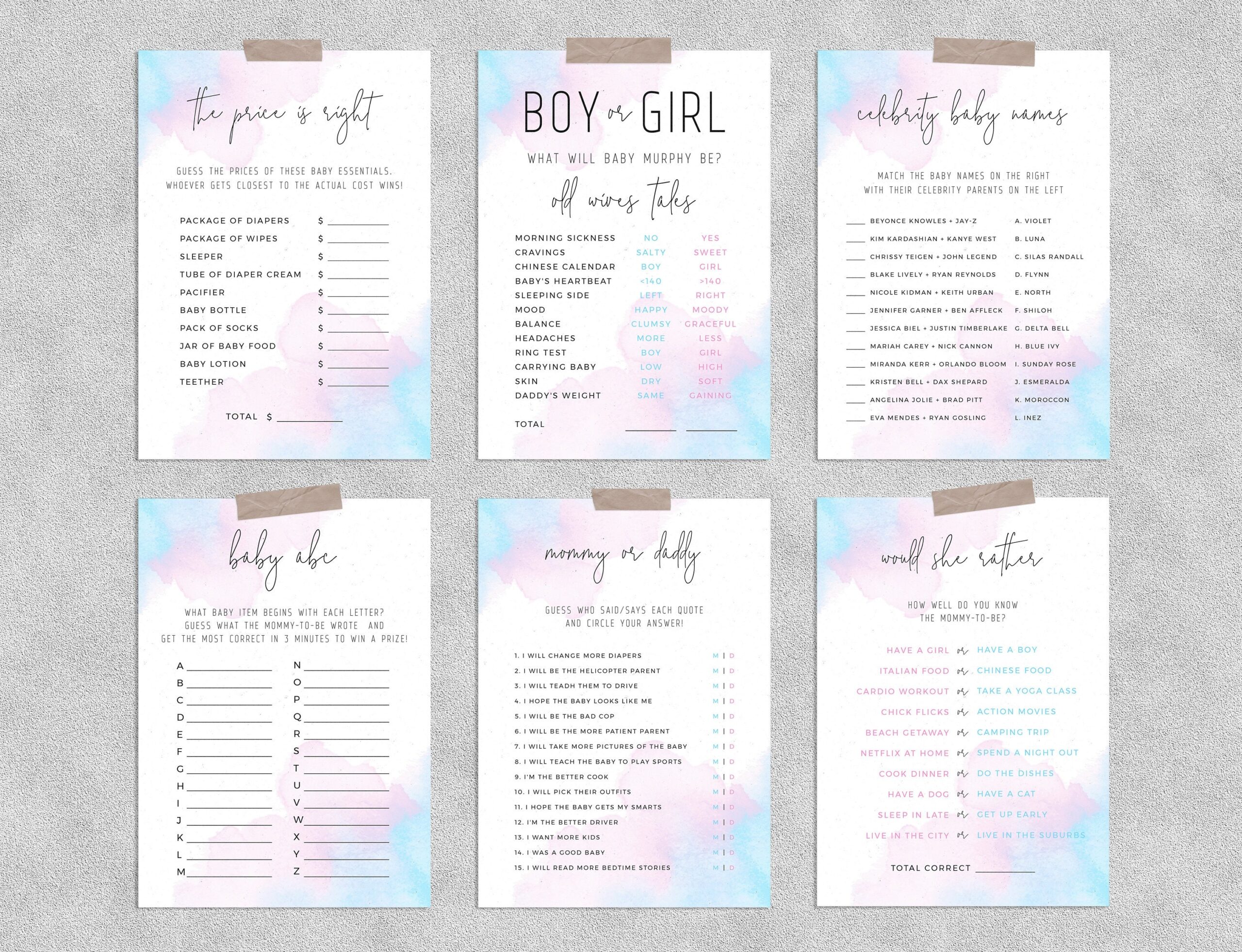 Gender Reveal Game Templates Bundle Baby Shower Games Instant Download Watercolor Blue Or Pink Gender Reveal Party Templett B01 Etsy