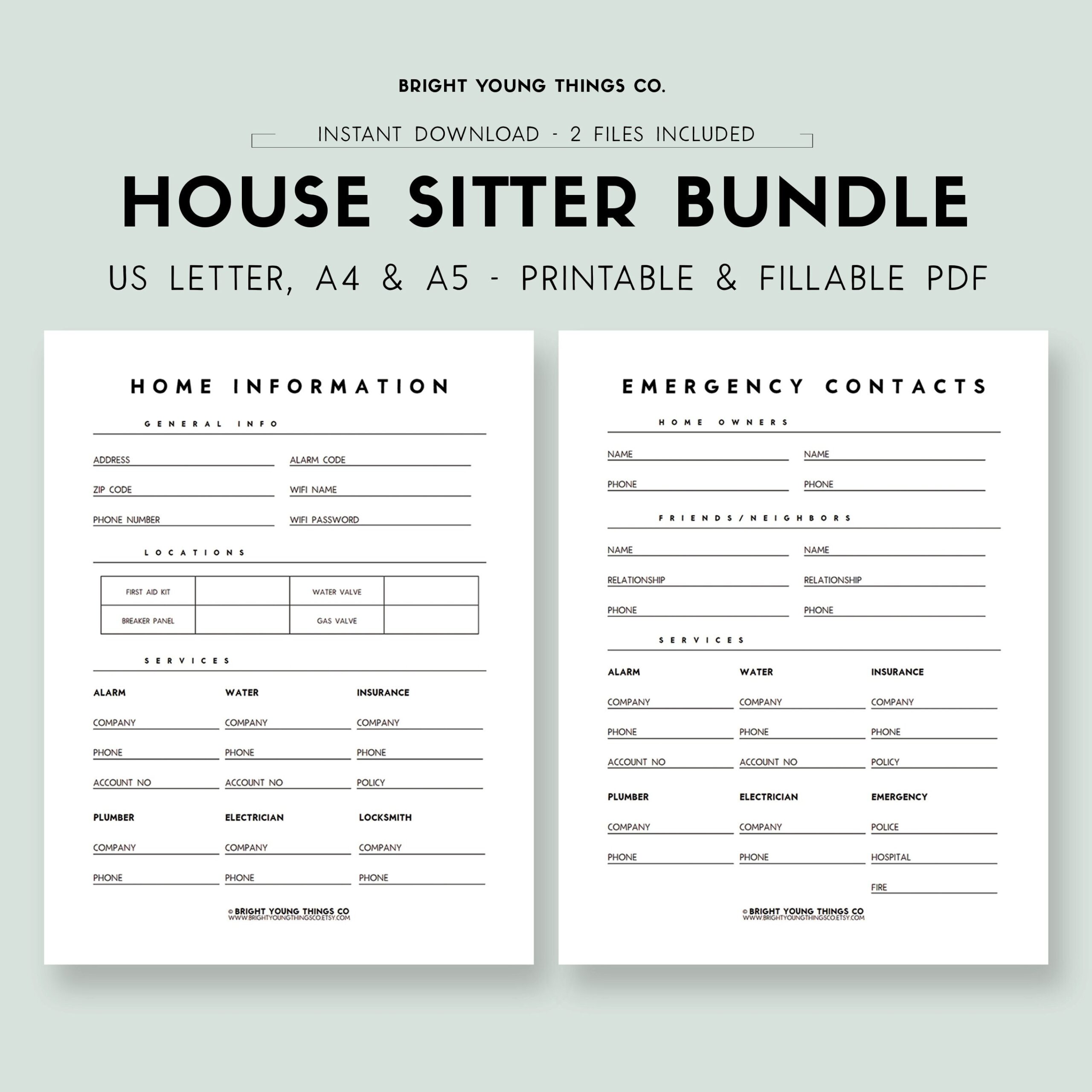 House Sitter Instructions House Sitter Notes Emergency Contact Form Printable Emergency Contact Info House Sitting Guide PDF Template Etsy UK