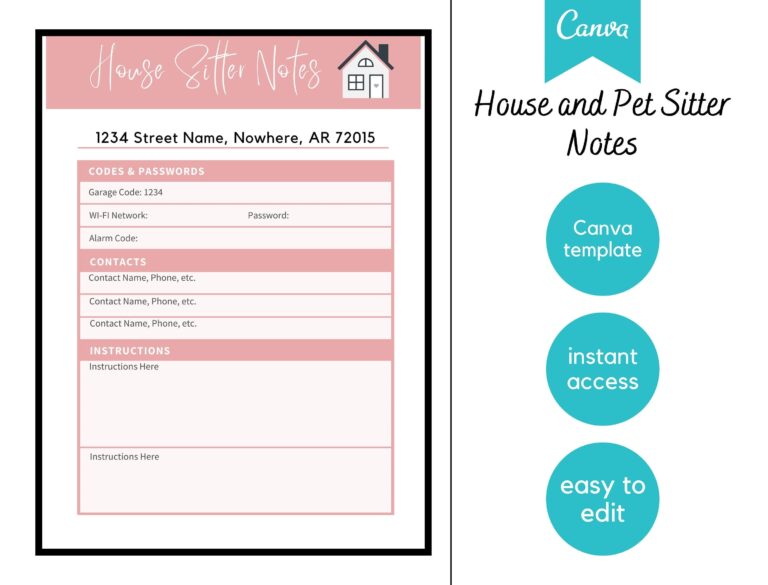 House Sitter Pet Sitter Instructions Canva Template Digital Printable Fillable PDF Instant Download Etsy