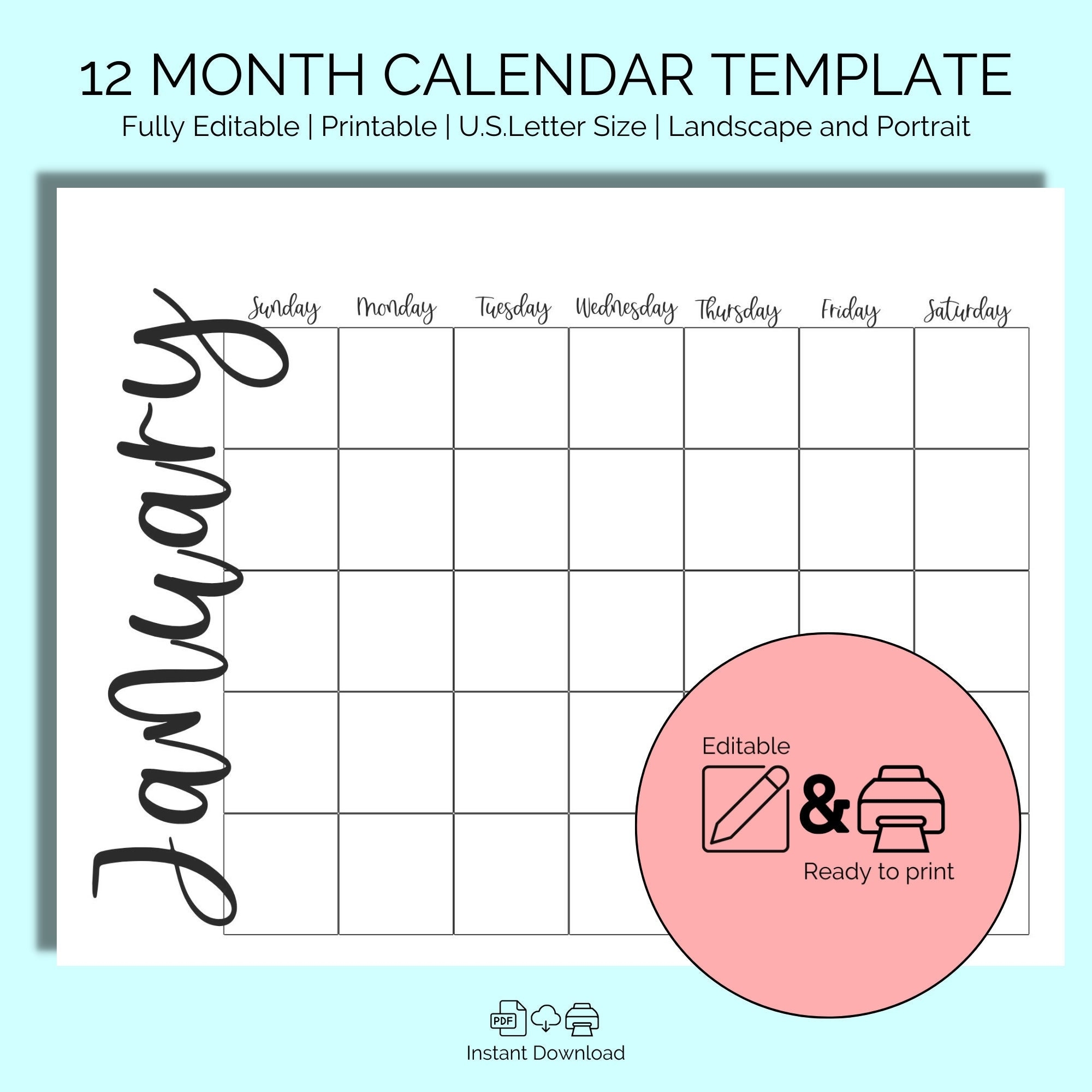 Monthly Blank Calendar Template Editable 12 Month Blank 