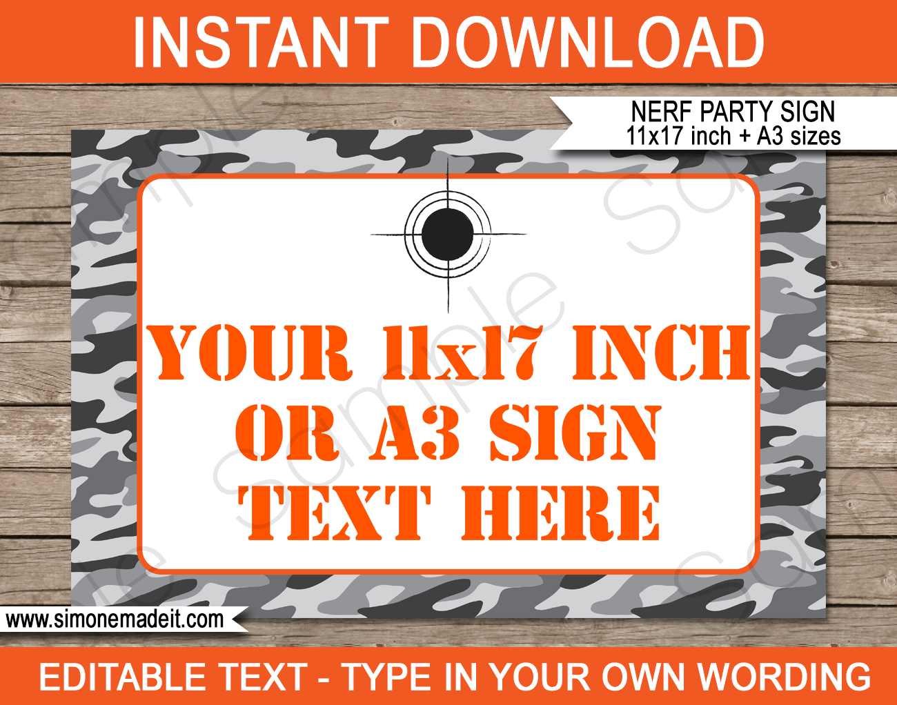 Nerf Party Signs 11x17 Inches A3 Gray Camo