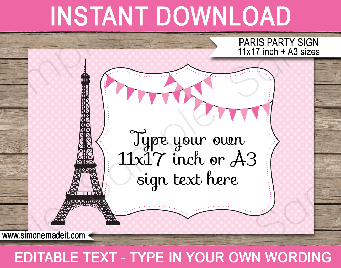 Paris Party Signs 11x17 Inches A3 Pink