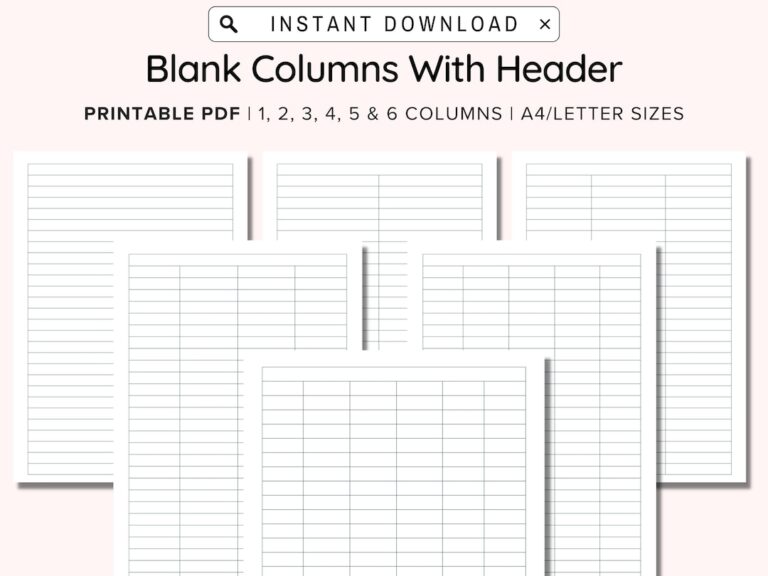 Printable Blank Columns Charts With Header One Two Three Four Five And Six Columns Table Worksheets PDF A4 letter Instant Download Etsy