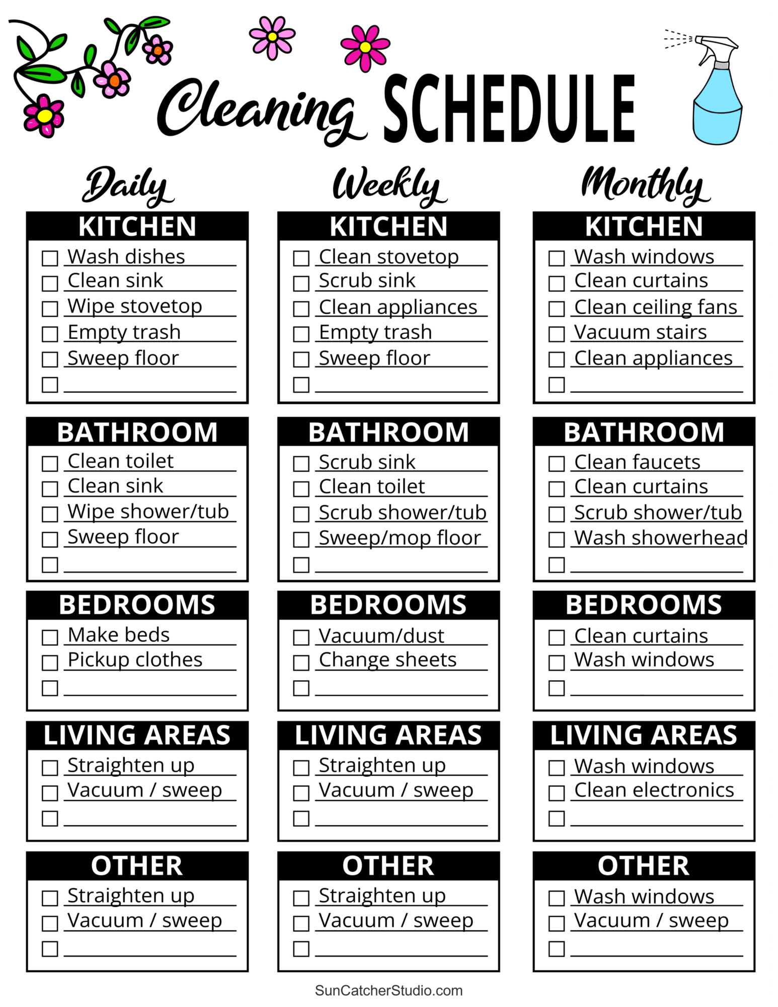 Printable Cleaning Schedule Spring Daily U0026 Weekly Checklists 