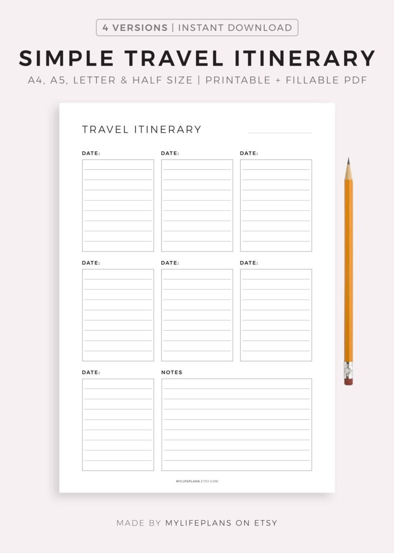 Simple Travel Itinerary Printable Travel Planner Template