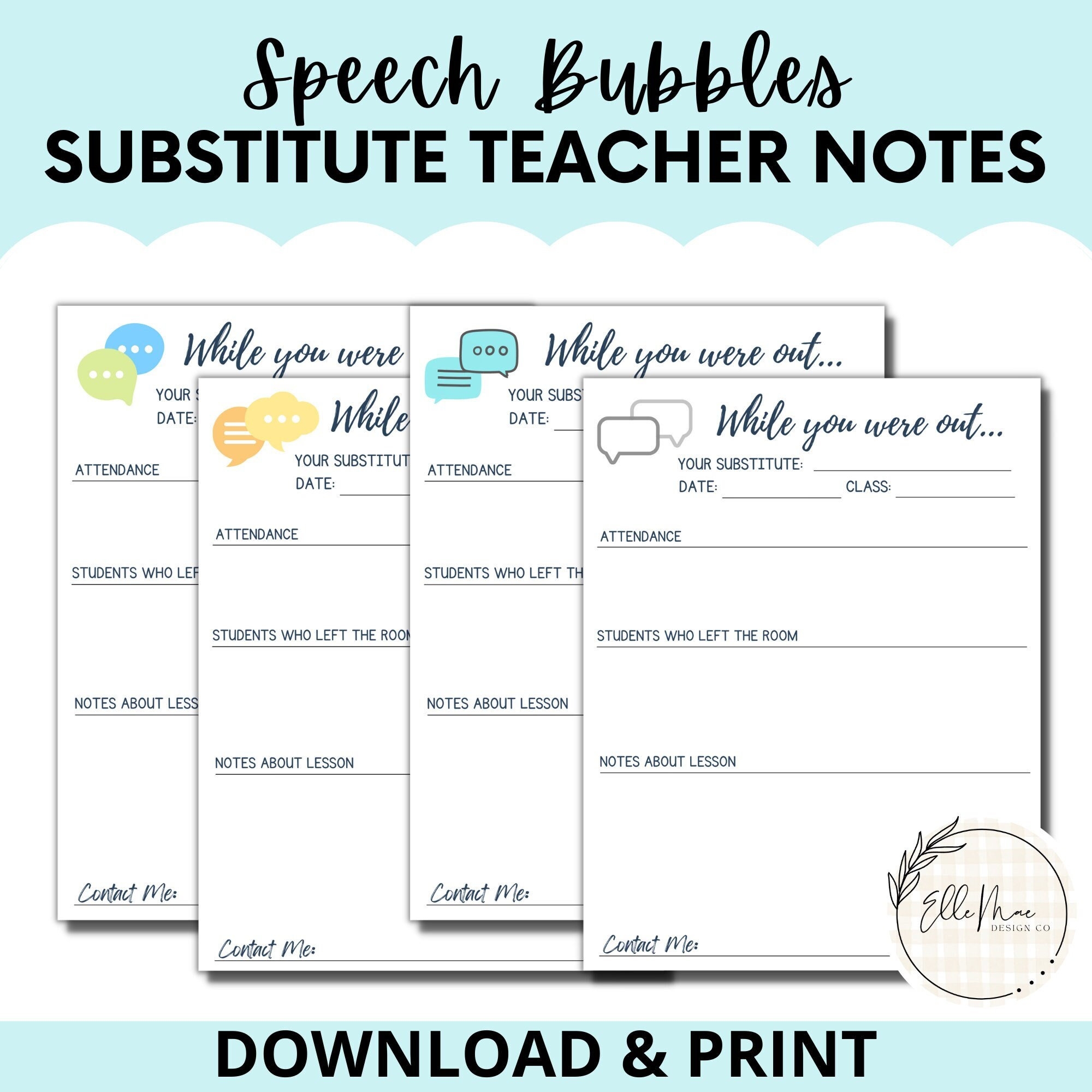 Substitute Notes Sub Binder Teacher Organization Printable Template Document Form Elementary Middle High School Etsy