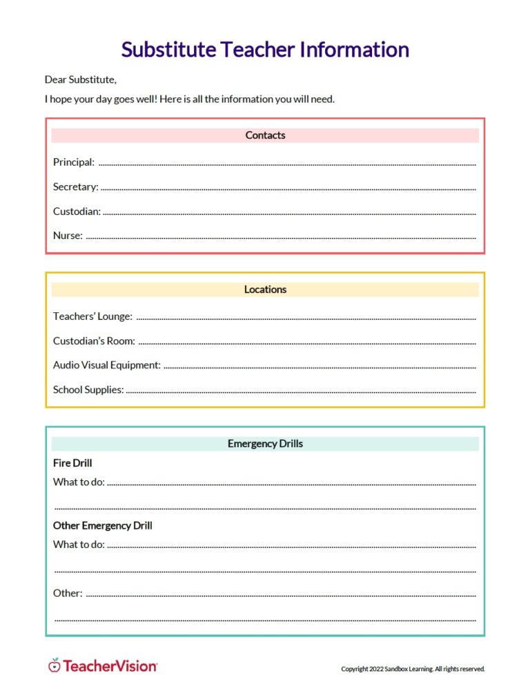 Substitute Teacher Plan Templates TeacherVision
