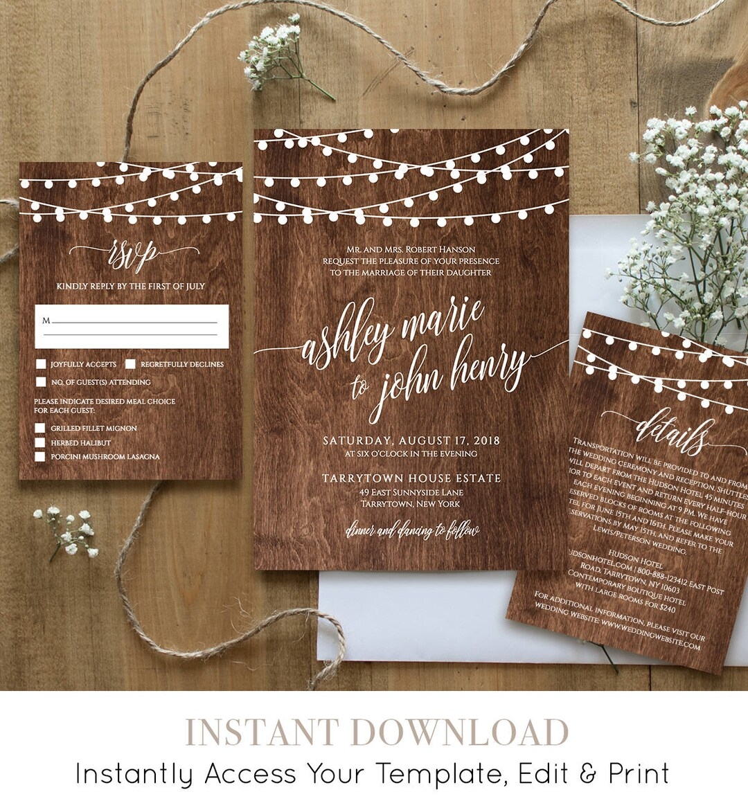 Wedding Invitation Template Printable Rustic Wood String Lights Invite Set RSVP Details Instant Download Fully Editable DIY 014 Etsy