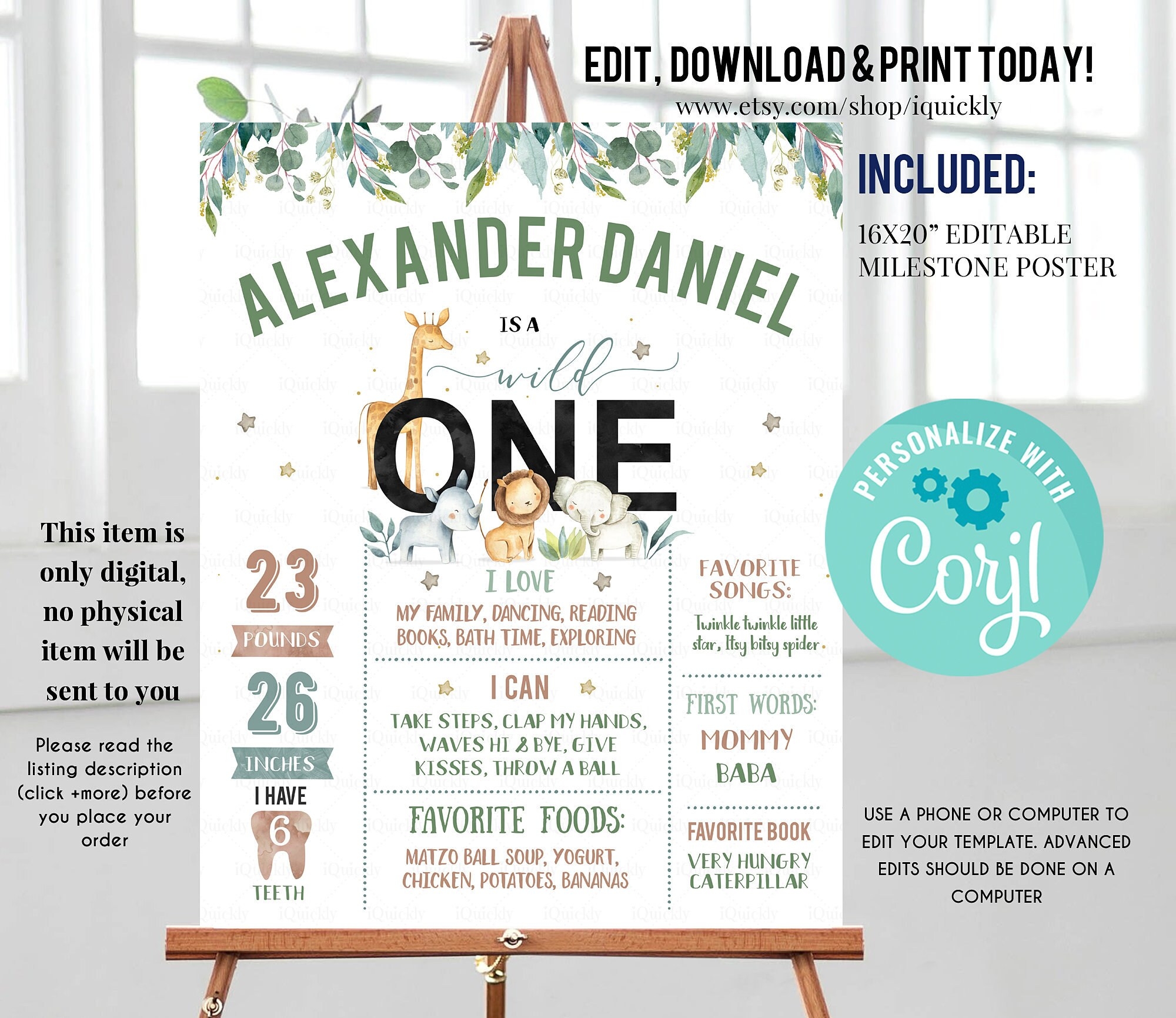 Wild One Milestone Birthday Poster EDITABLE Safari First Birthday Chalkboard Sign Jungle 1st Birthday Poster Instant Download Template Etsy