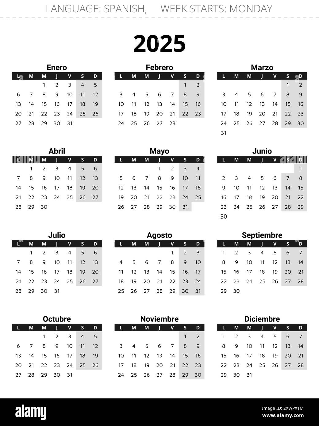 2025 Year Vertical Spanish Calendar Printable Vector Grey And Black Illustration For Spain Stock Vector Image U0026 Art Alamy