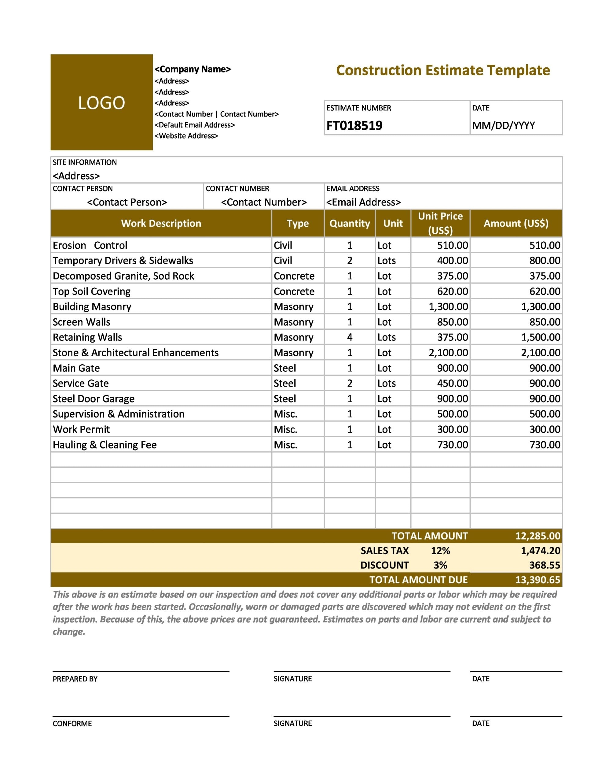 Free Printable Job Estimate Template