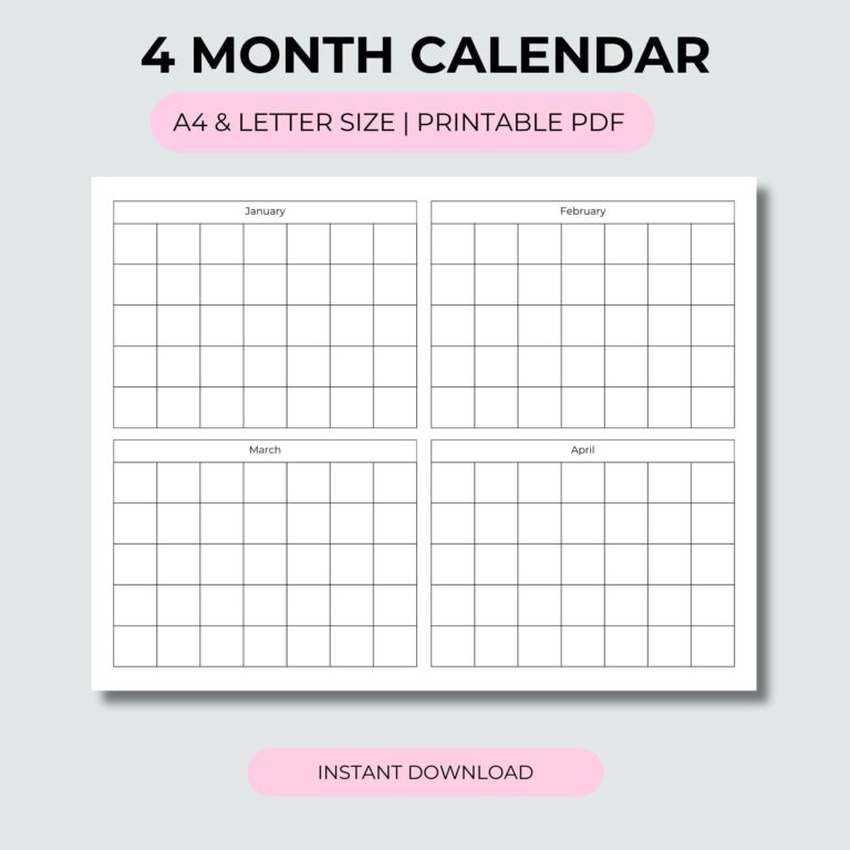 4 Month Calendar Customizable Printable 2025 Calendar Planner 4