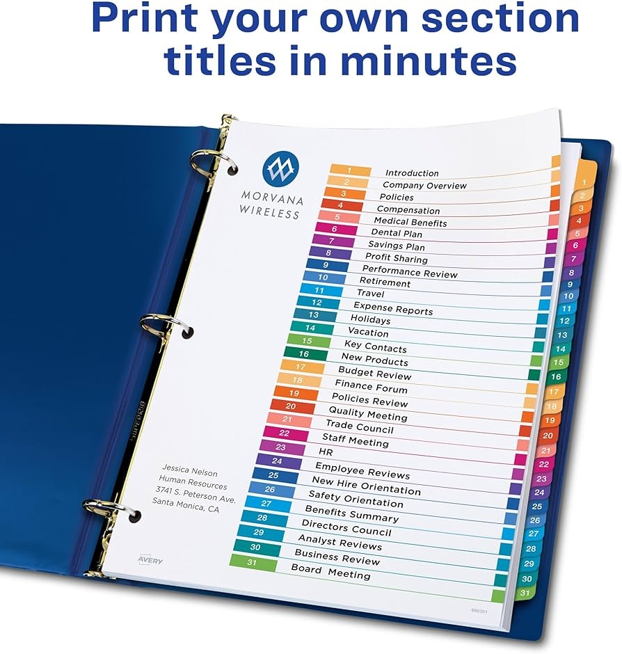 Amazon Avery 1 31 Tab Dividers For 3 Ring Binders Customizable Table Of Contents Multicolor Tabs 1 Set 11129 Binder Index Dividers Office Products