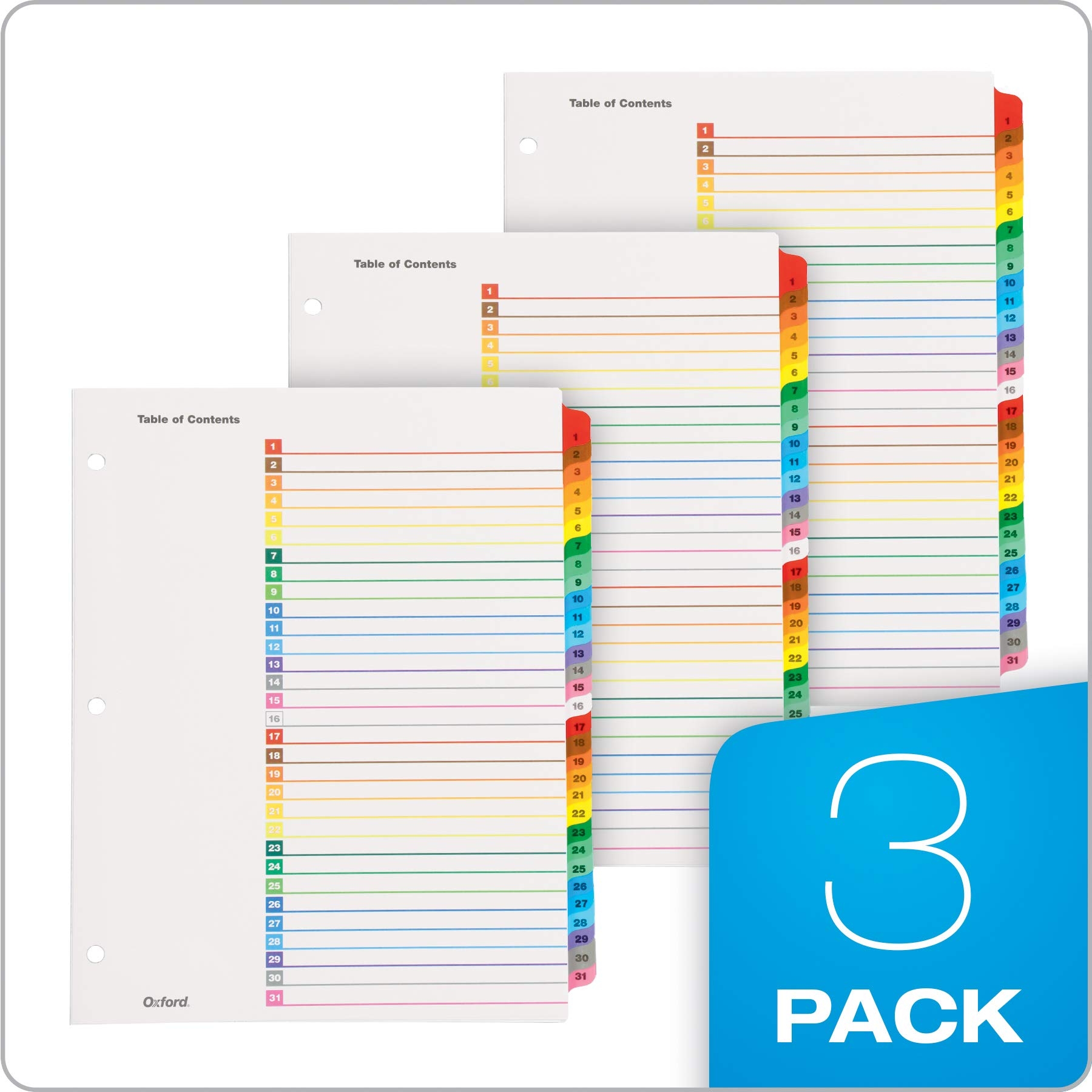 Amazon Oxford OneStep Binder Dividers Dividers For 3 Ring Binder Durable 31 Tab Daily Divider Sets Numbered 1 31 Customizable Table Of Contents Reversible Multicolor Tabs 3 Sets 89402 Office Products