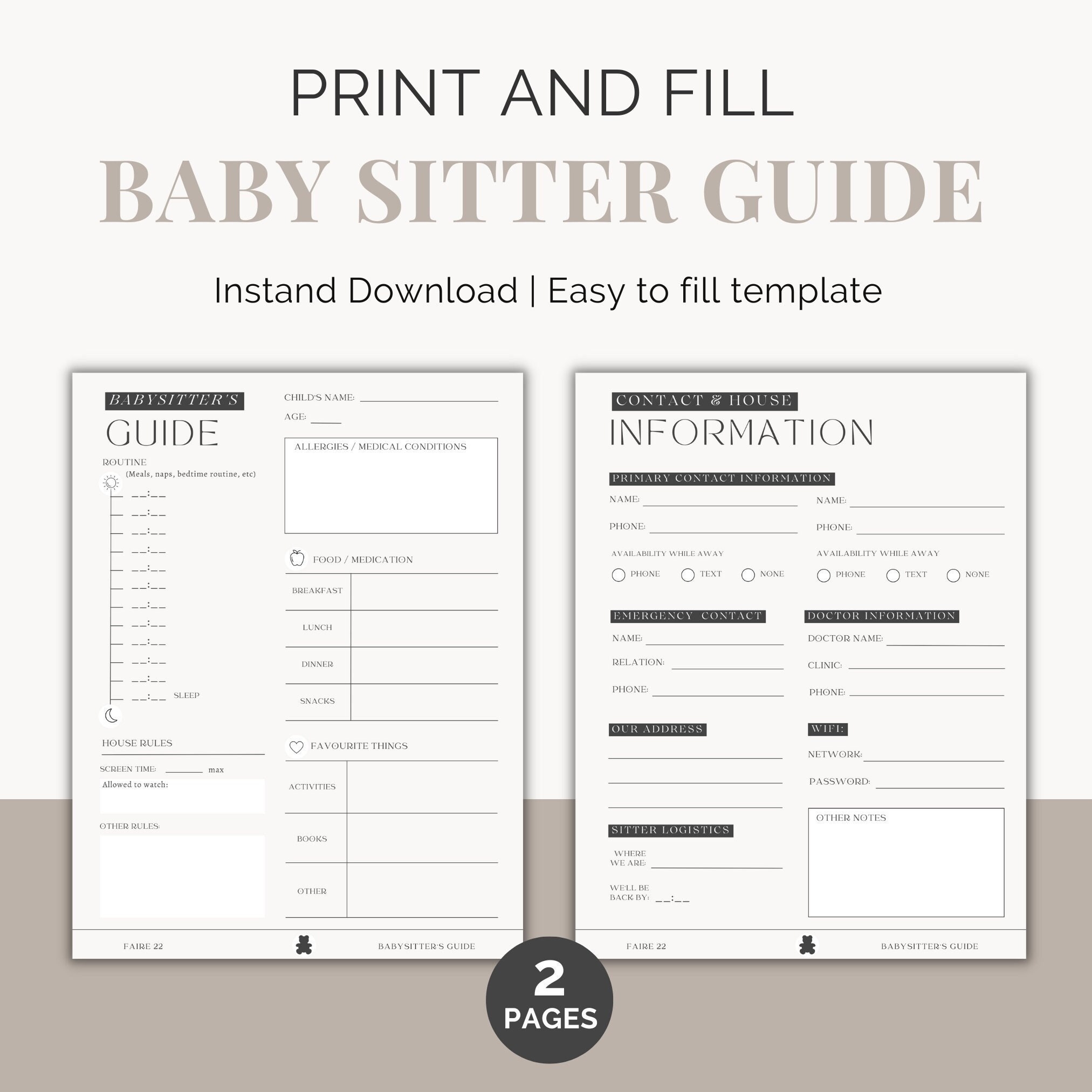 Babysitter Instructions Printable Baby Sitter Template Nanny Notes Etsy Australia