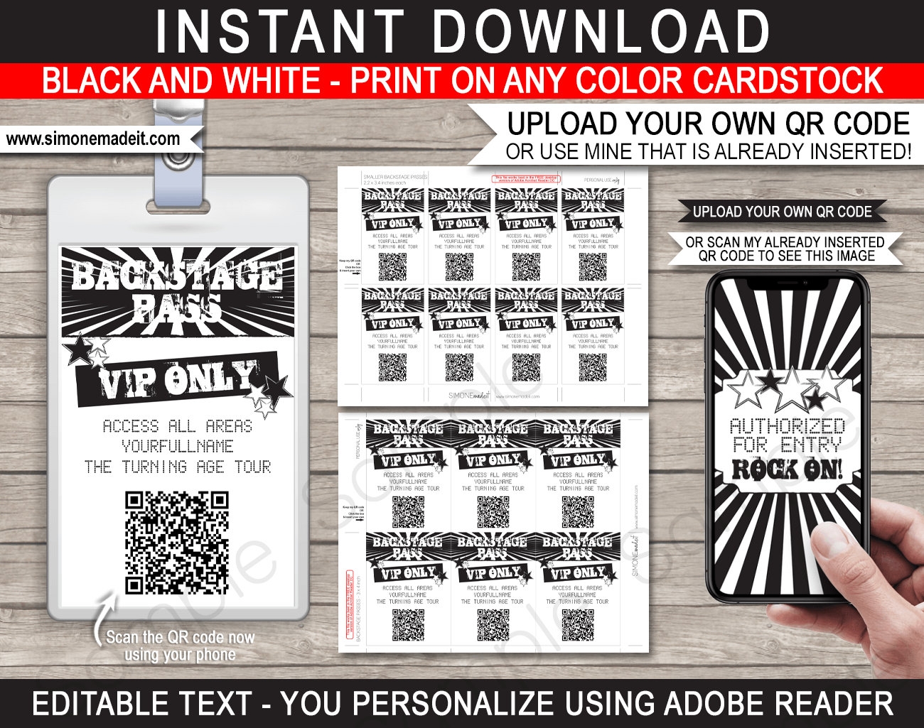 Backstage Pass Template Printable Rock Star Theme Birthday Party Decorations VIP Pass QR Code Instant DOWNLOAD Text Editable Etsy