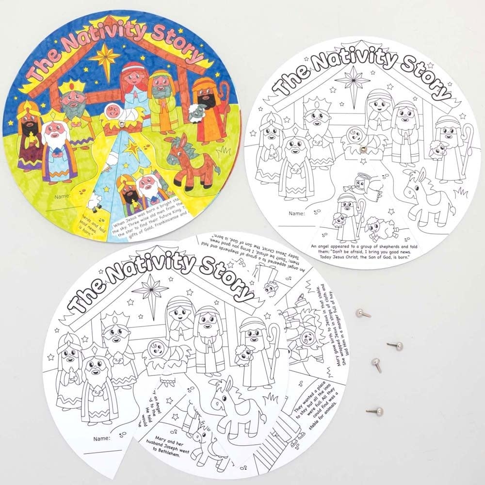Baker Ross FC290 Nativity Colour In Story Wheel Pack Of 5 Christmas Crafts For Kids Colouring In Activity For Children Nativity Story Craft Set White Amazon co uk Toys U0026 Games