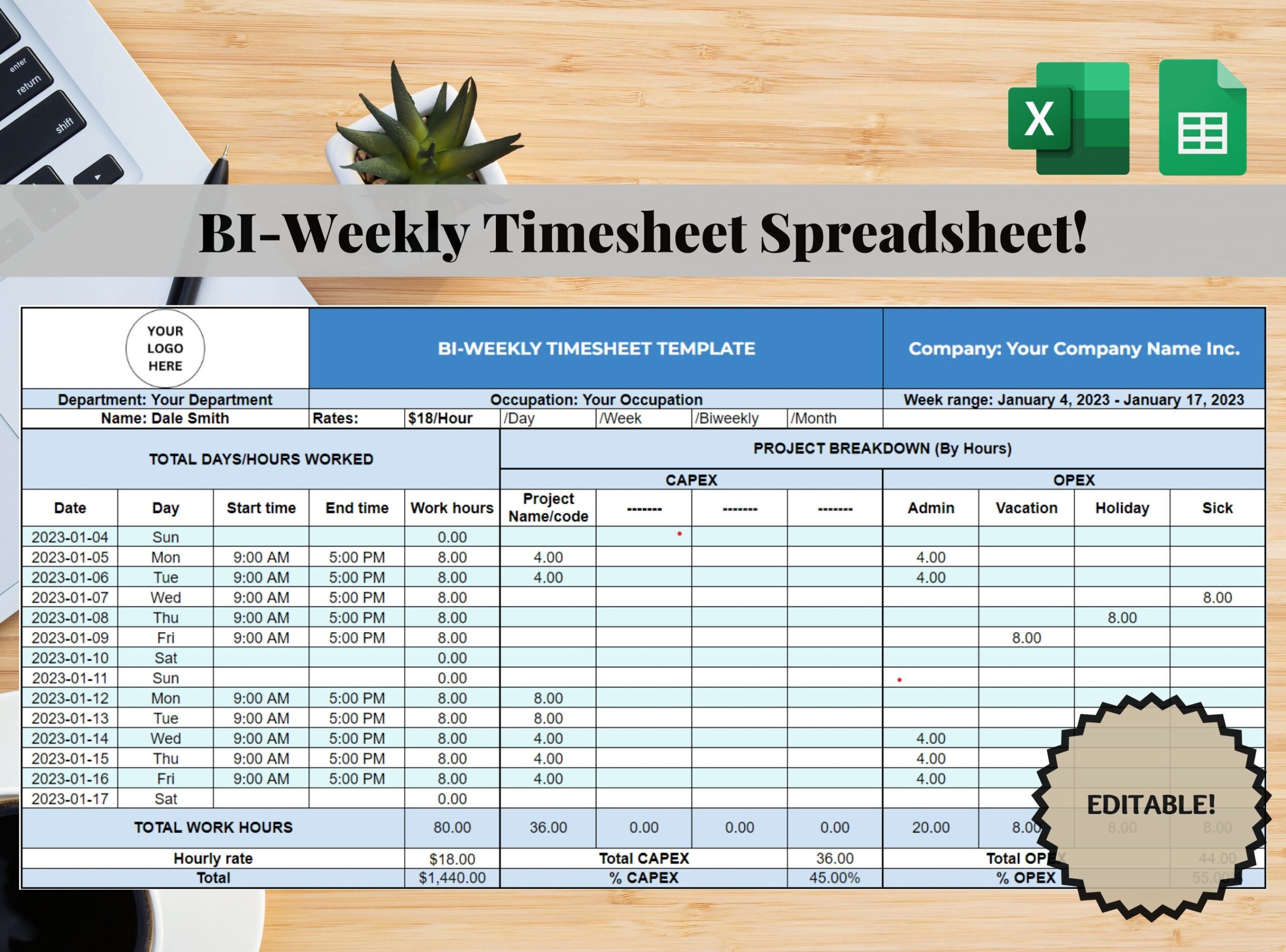 Bi weekly Timesheet Template For Excel Or Google Sheets Editable Biweekly Timesheet Spreadsheet Work Hour Tracker Printable Timecard Log Etsy Australia