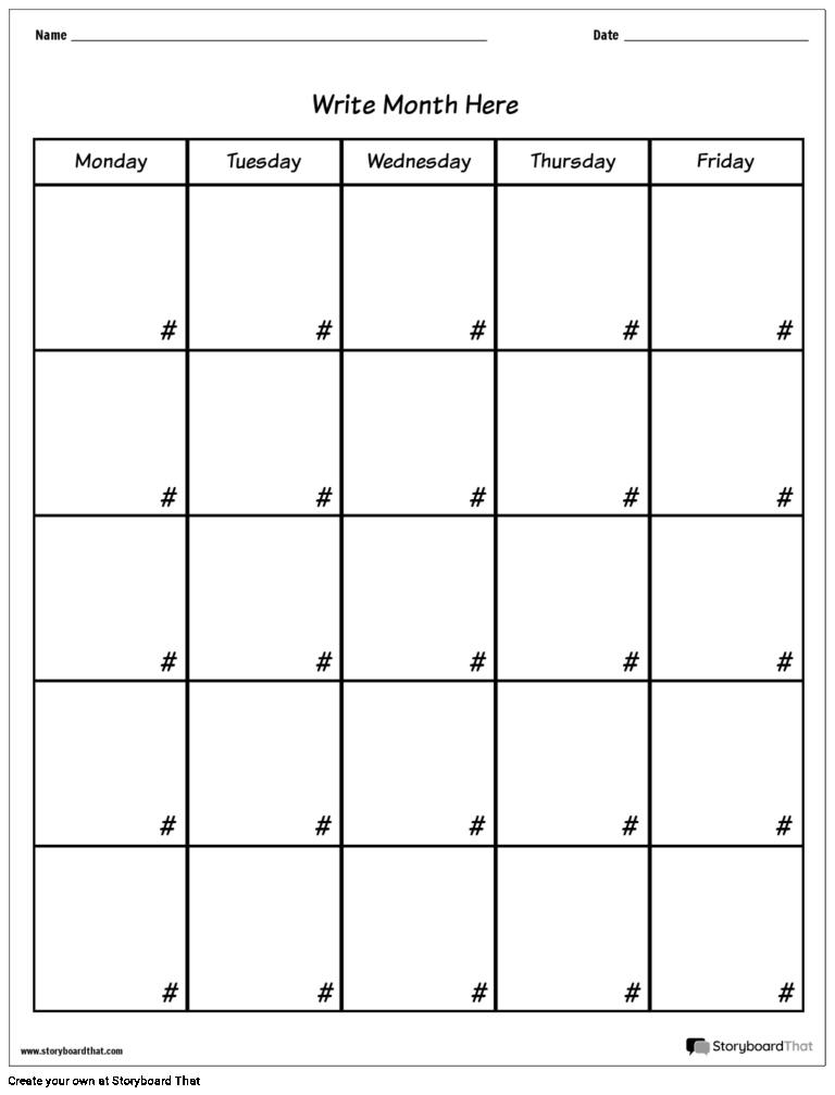 Blank 5 Day Custom Calendar Template Storyboard
