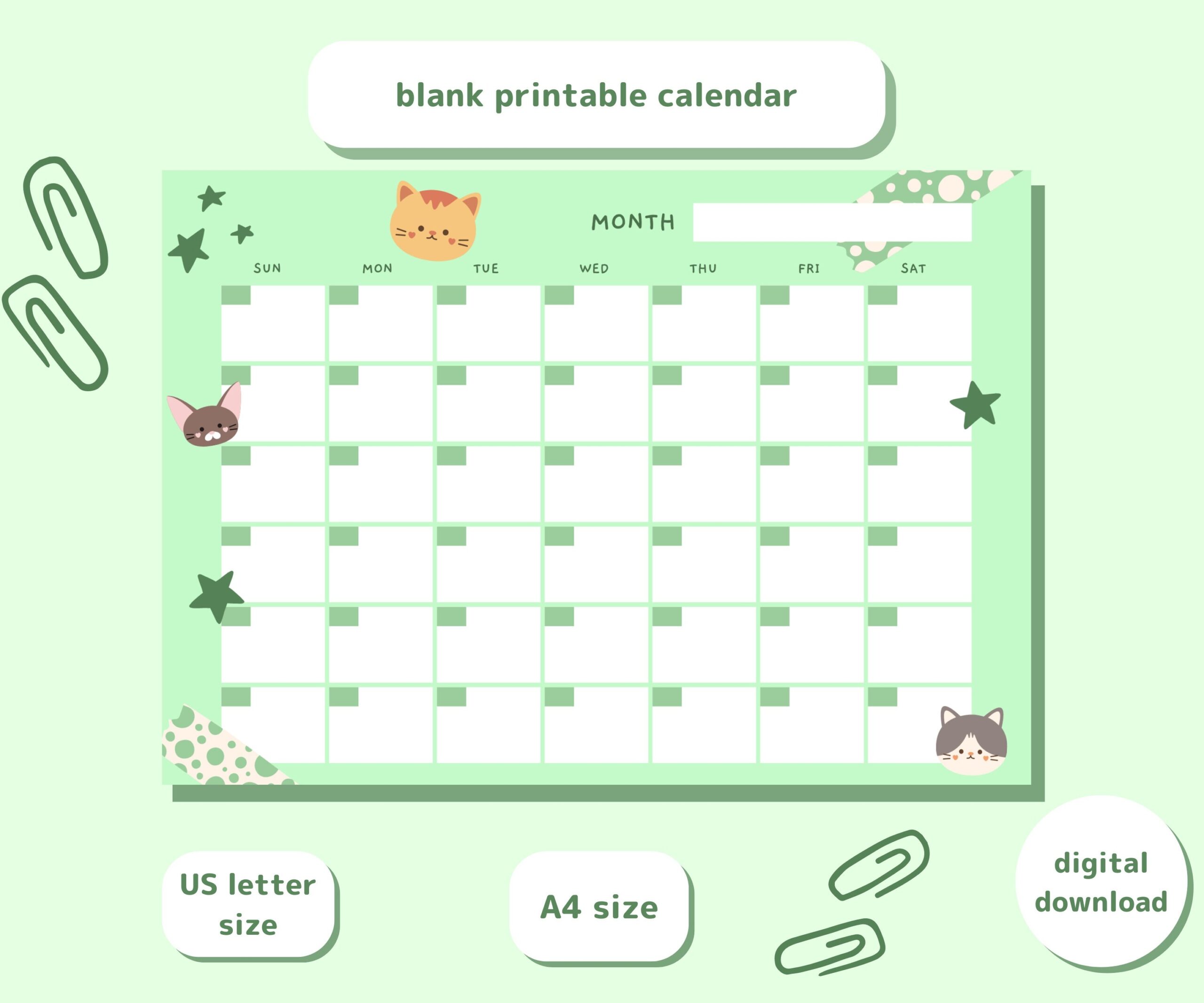 Blank Monthly Calendar Cute Cat Calendar Cute Stationery Instant Download Digital Download Cat Calendar Printable Blank Calendar Etsy
