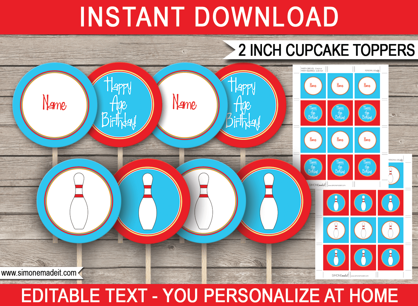 Bowling Party Cupcake Toppers Template Printable Gift Tags