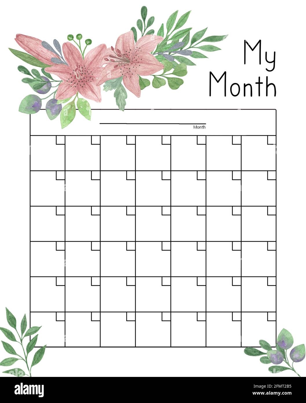 Calendar Grid Floral Ornament Watercolor Illustration Blank Printable Template Undated Monthly Planner Page Stock Photo Alamy