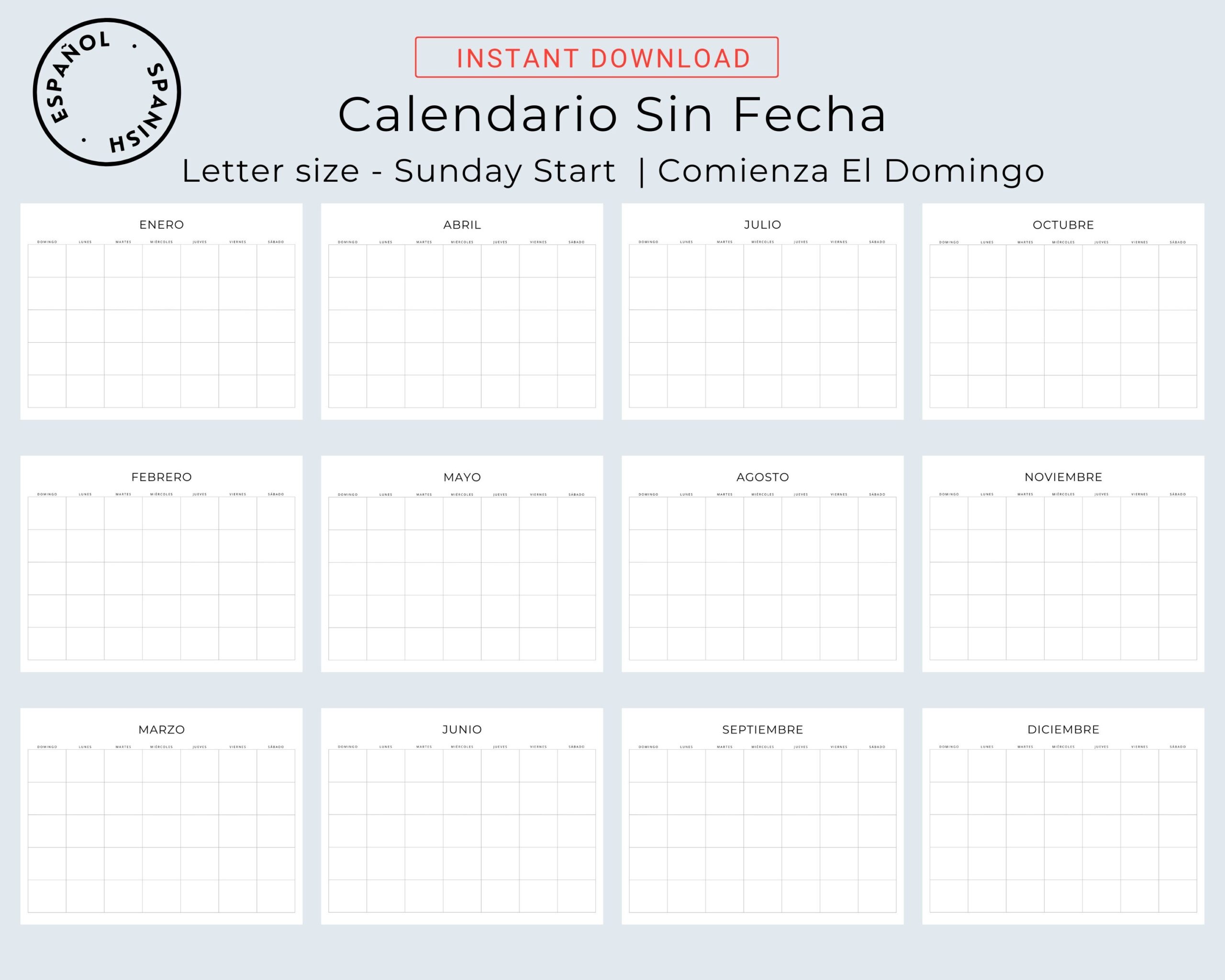Calendario Sin Fecha Calendario Mensual Blank Spanish Monthly Calendar Undated Spanish Planner Landscape Minimal Calendar A4 U0026 Letter Size
