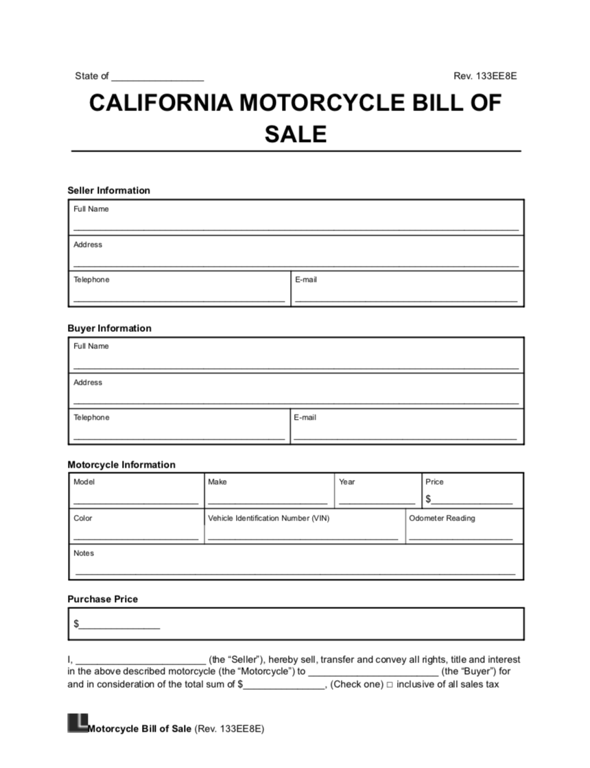 California Motorcycle Bill Of Sale Template PDF U0026 Word