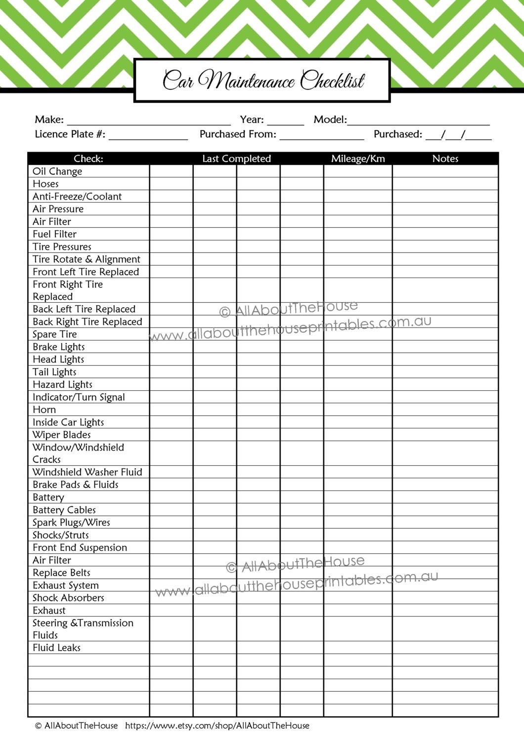 Car Maintenance Checklist Printable Planner Household Binder Home Car Maintenance Checklist Printable Planner Household Binder Home
