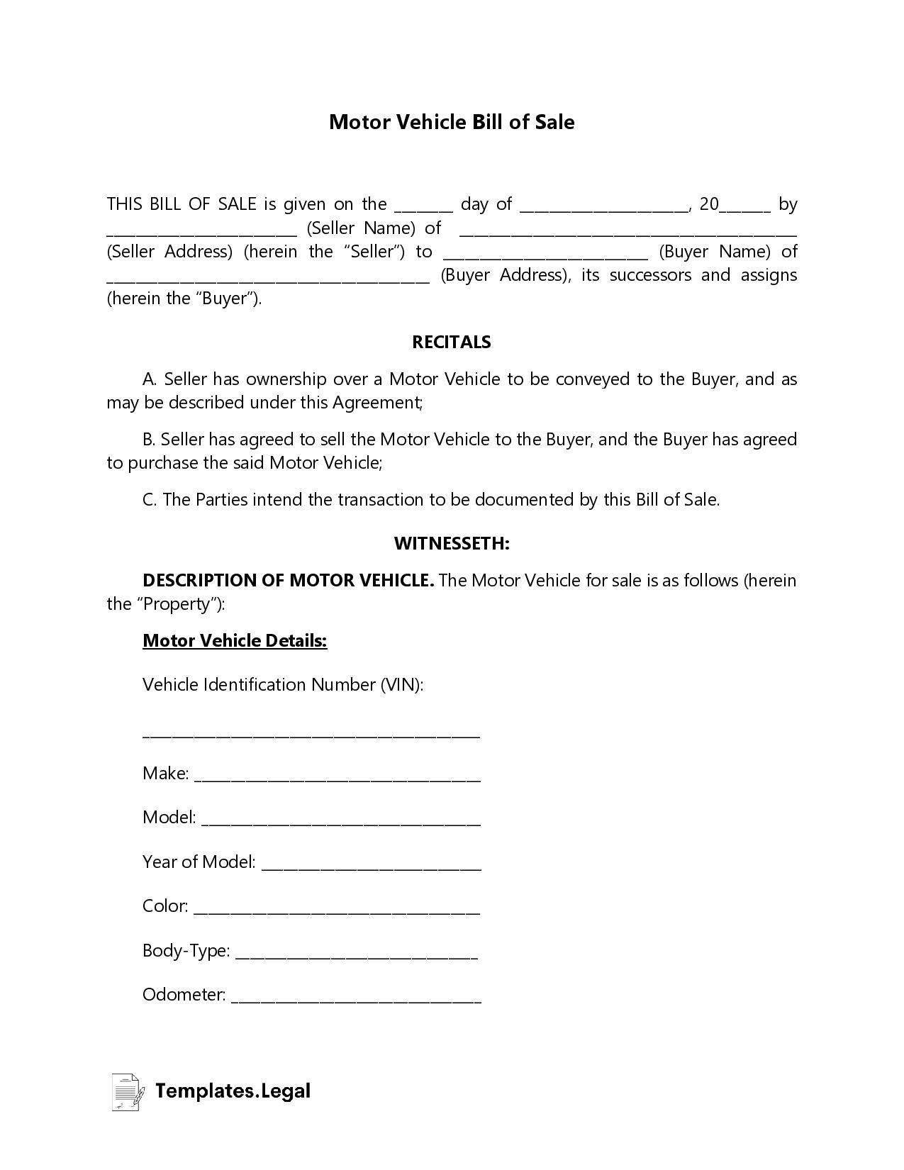Car Motor Vehicle Bill Of Sale Templates Free Word PDF ODT 