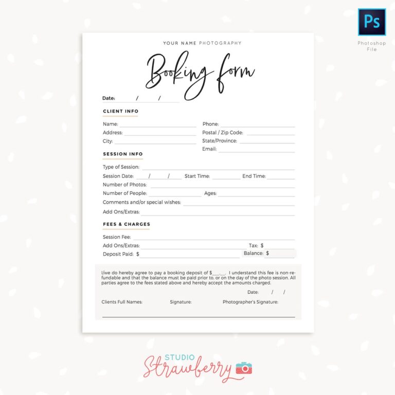 Client Booking Form For Photographer Strawberry Kit