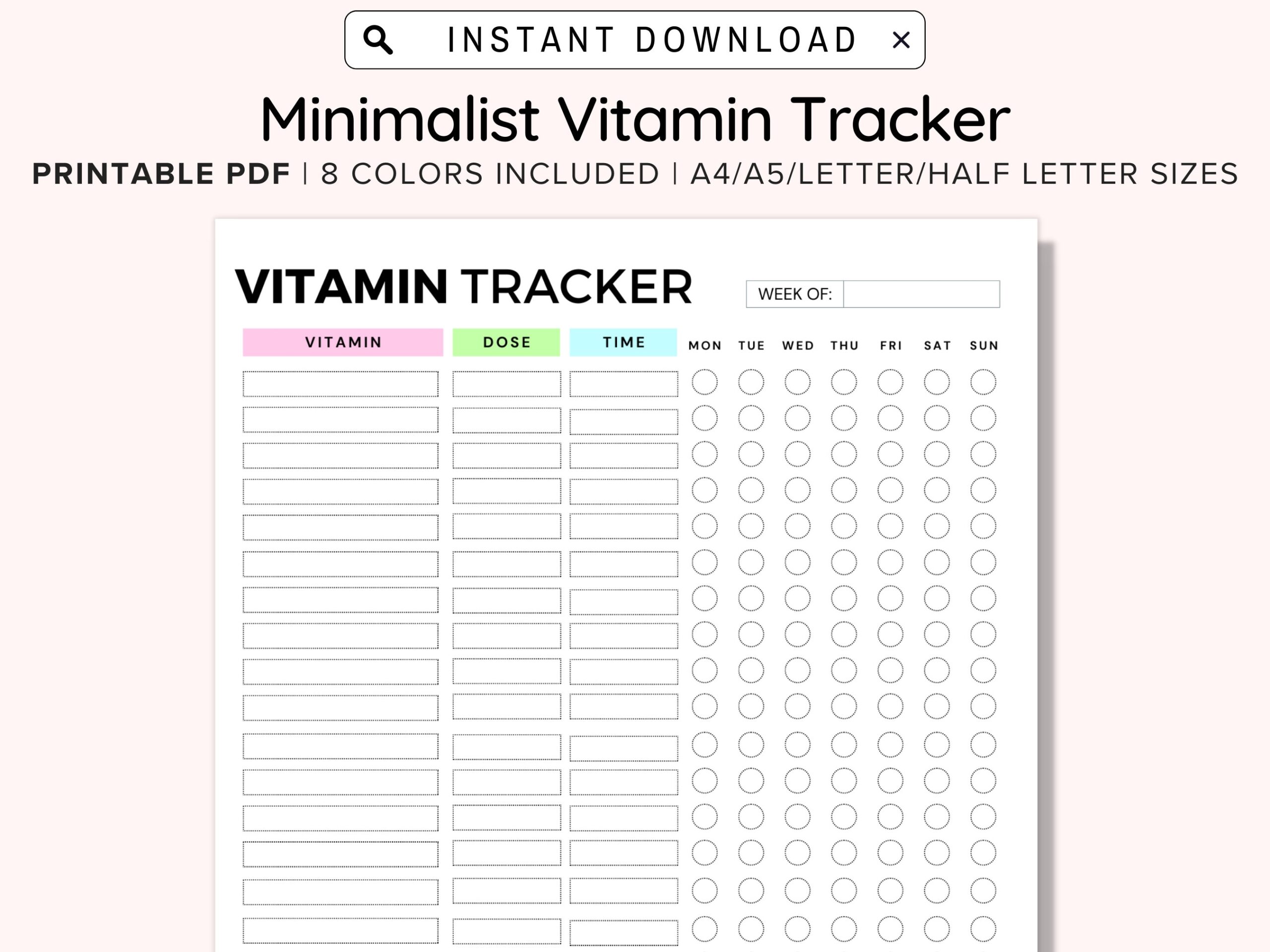 Daily Vitamin Checklist Vitamin Tracker Weekly Supplement Checklist Med Tracker Dose Time Of Day Health Printable A4 a5 letter PDF Etsy