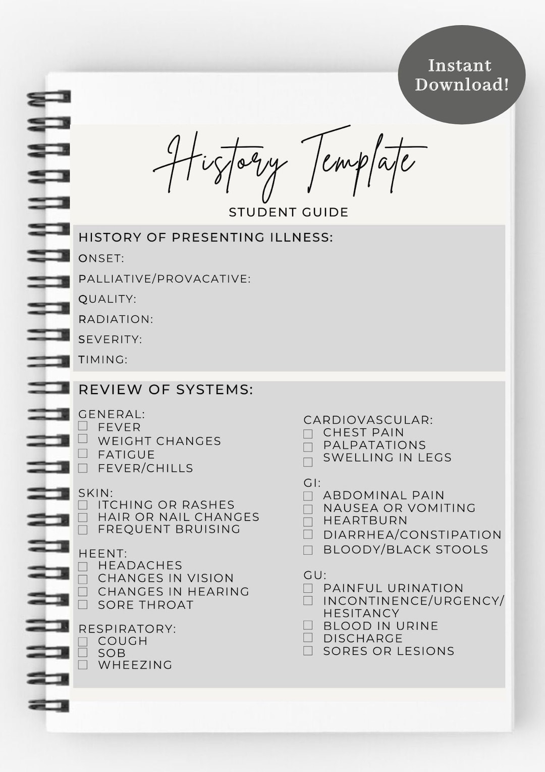 DIGITAL Download Printable Essential Hu0026P Clinical Template For Medical Students Pas Or Nurses History Etsy