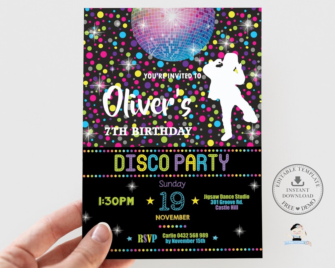 Disco Party Invitation EDITABLE TEMPLATE Dance Birthday Party Invite Disco Ball Neon Colorful Boy Birthday Printable INSTANT Download DP2 Etsy