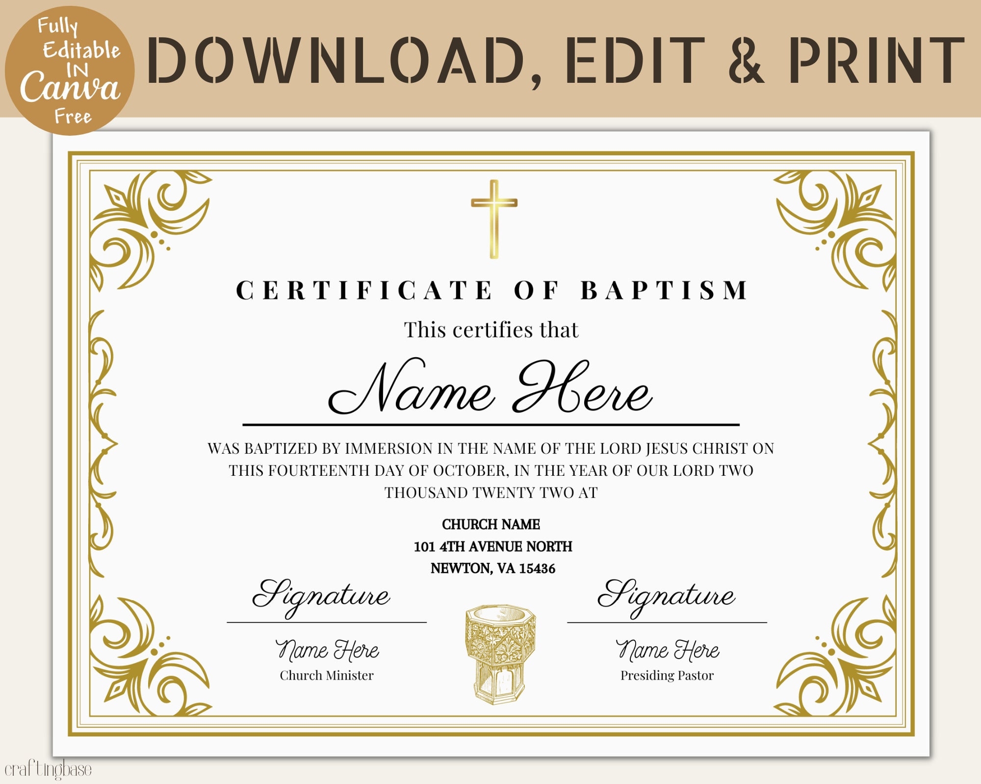 Editable Certificate Of Baptism Template Baptism Certificate Canva Template keepsake For Family Personalized Child s Baptism In Canva Etsy