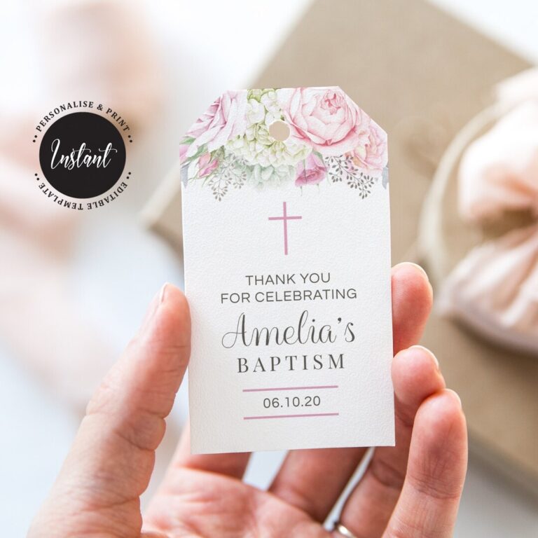 Editable Christening Favor Tags Girl Baptism Favor Tags Printable Favor Tags Pink And Grey Watercolour Flowers CH249 Etsy